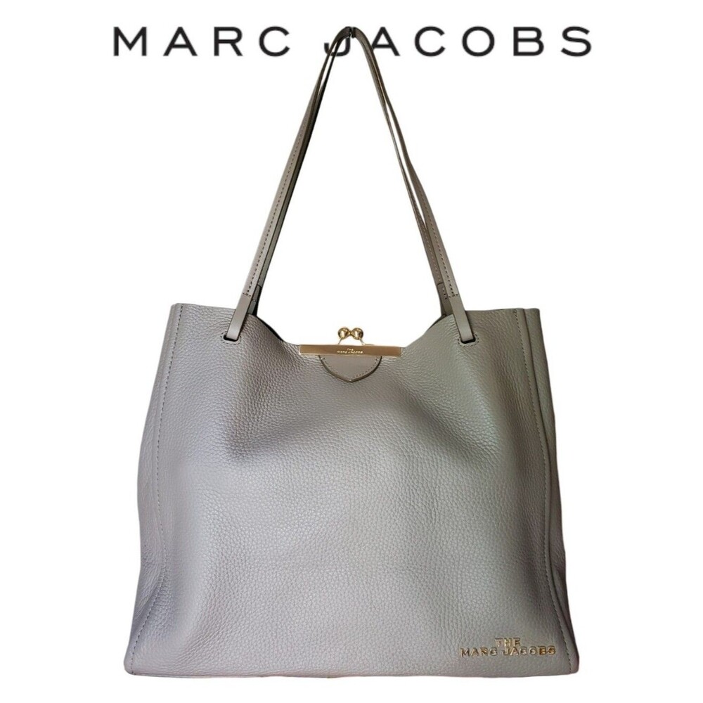 Marc Jacobs The Kiss Lock Leather Tote Bag Cement Grey Gold Hardware Large Purse
